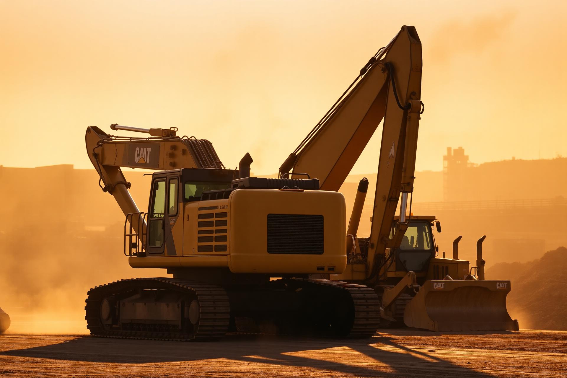 Heavy excavator on industrial worksite at golden hour